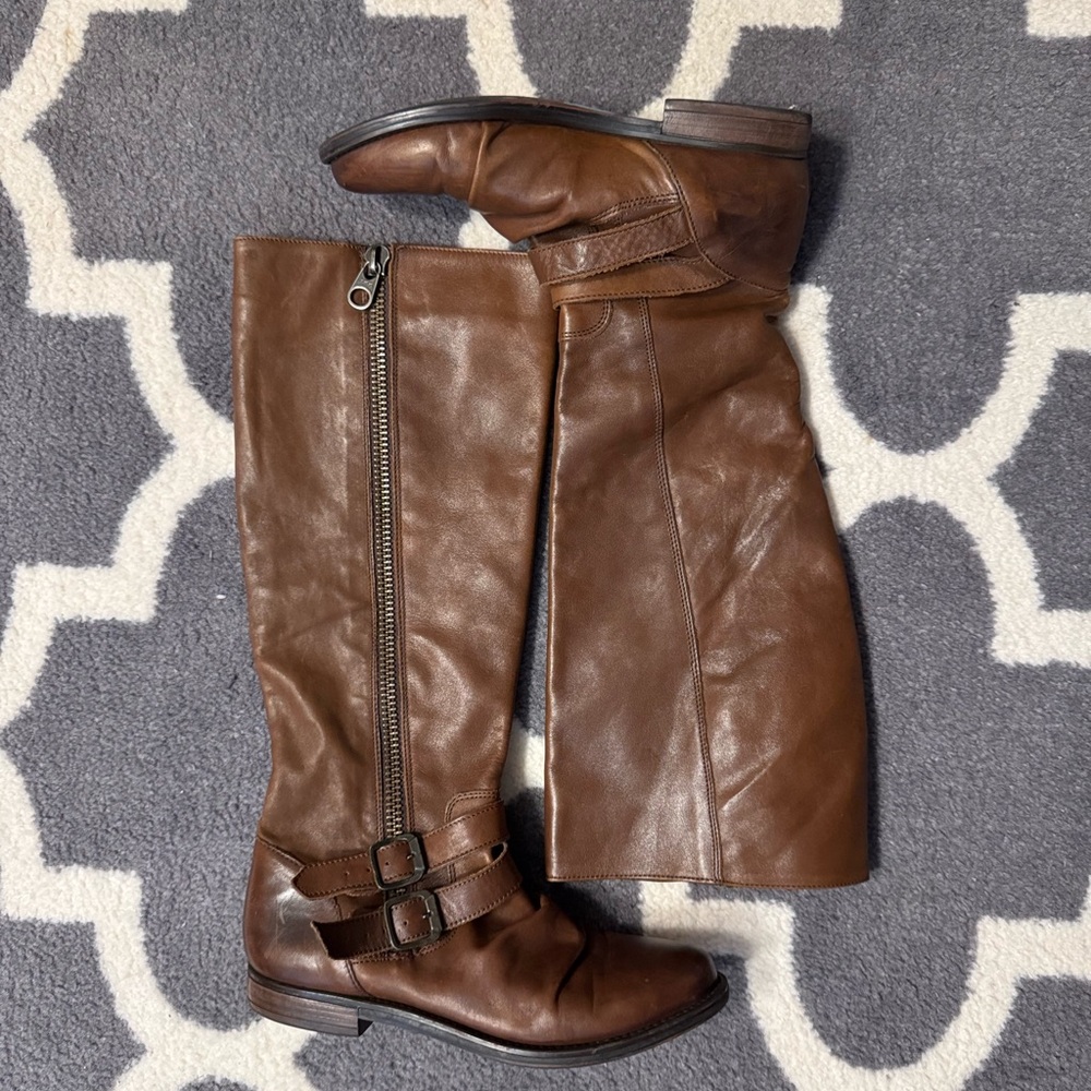 Brown Leather Knee-High Boots with Buckle